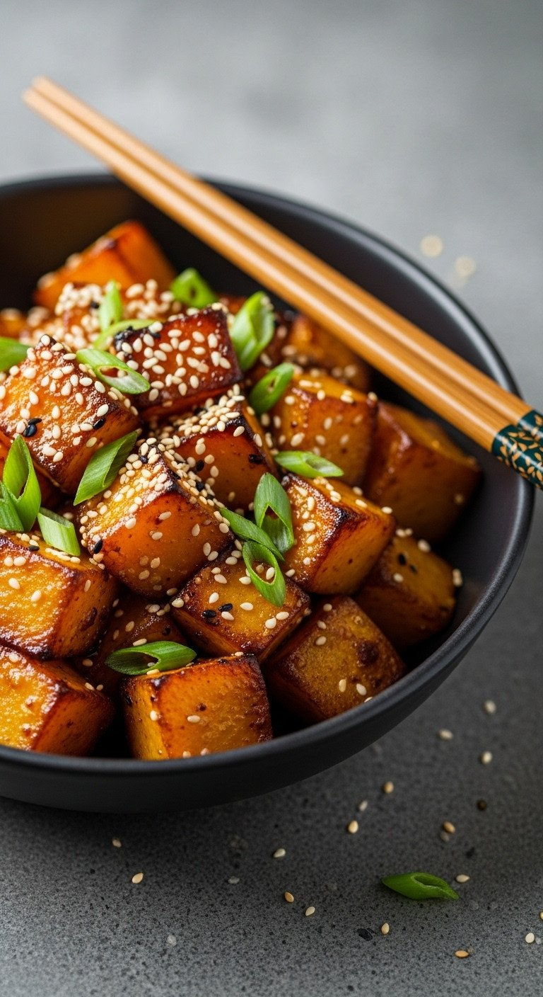 Savory Soy-Ginger Roasted Kabocha Squash In A Dark Stoneware Bowl, Garnished With Toasted Sesame Seeds And Green Onions.