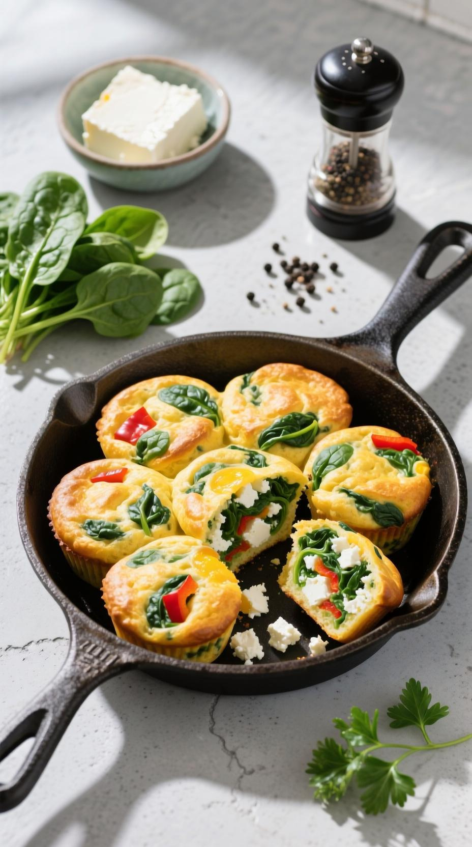 Savory Spinach Feta And Egg Muffins In A Cast Iron Pan With Fresh Spinach And Feta On A Concrete Counter In Morning Light