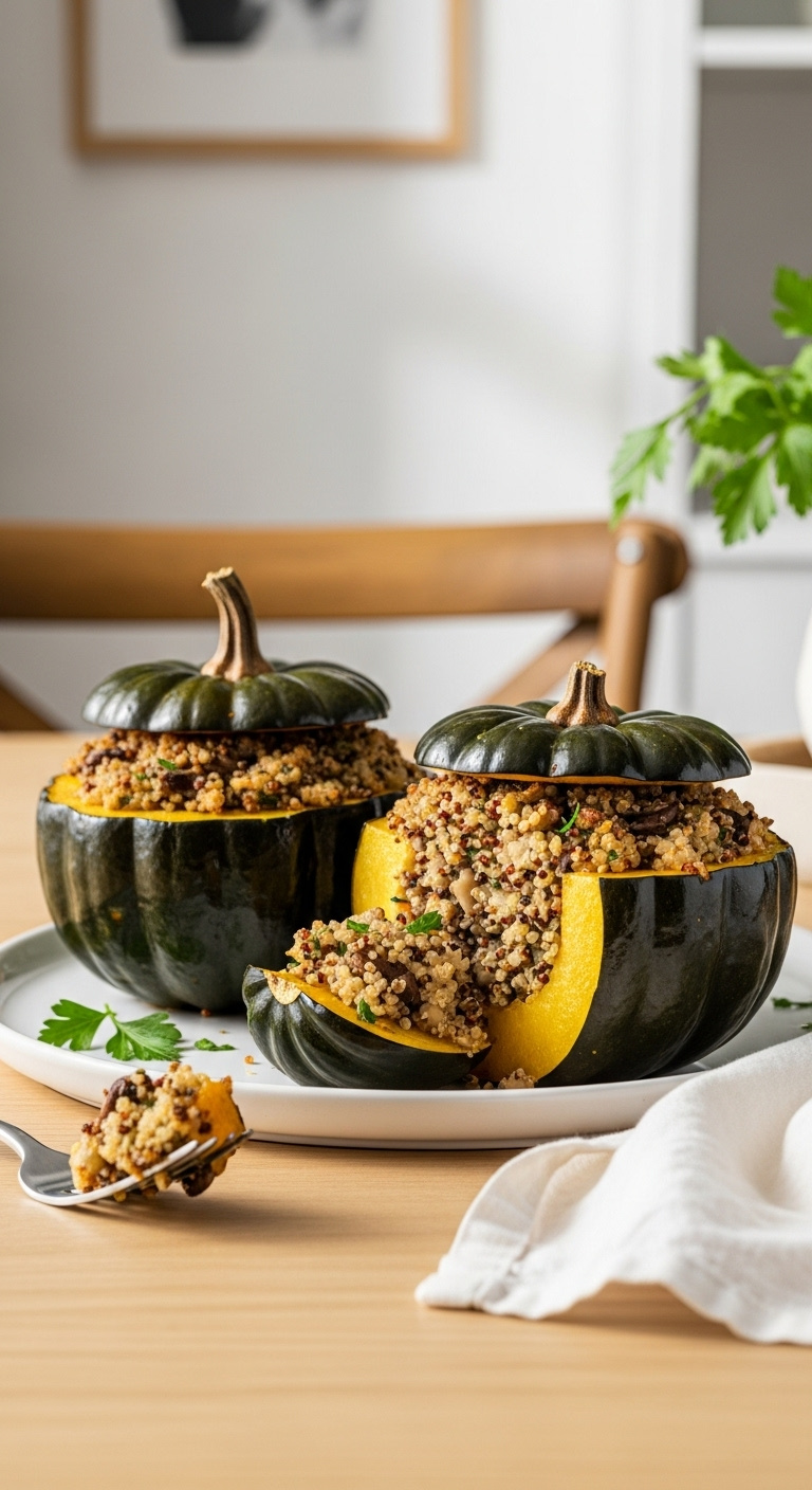 Savory Stuffed Acorn Squash Halves With Mushroom Quinoa Filling On A White Ceramic Platter With A Fork And Parsley