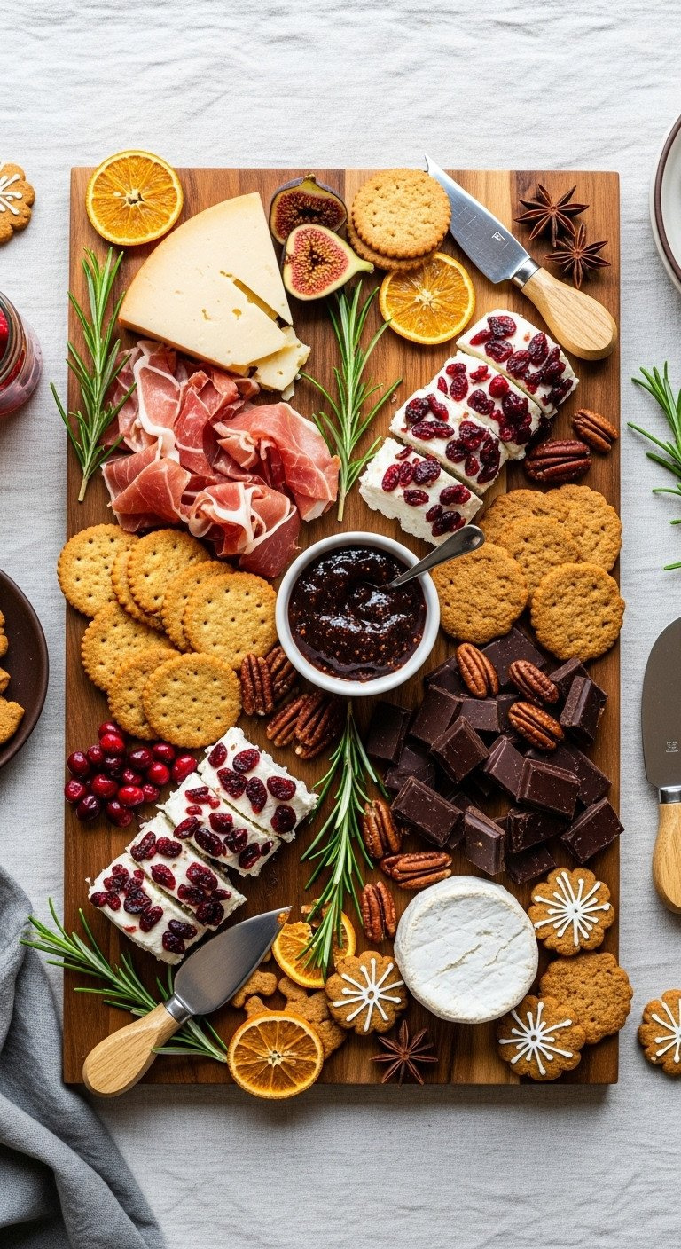 Savory Sweet Christmas Charcuterie Board With Gouda, Prosciutto, Cranberry Goat Cheese, Chocolate, And Gingerbread.
