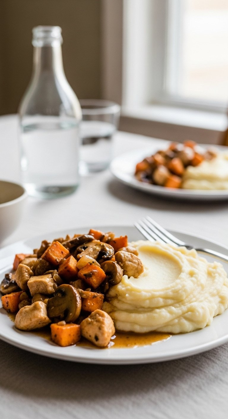 Savory Sweet Potato And Mushroom Chicken Stir-Fry Served Alongside A Fluffy Mound Of Creamy Mashed Potatoes On A White Plate.
