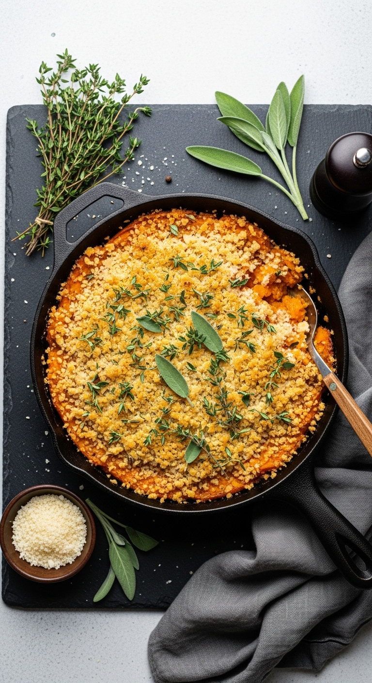 Savory Sweet Potato Casserole With Parmesan And Herb Crust In A Cast Iron Skillet With Fresh Herbs And Cheese