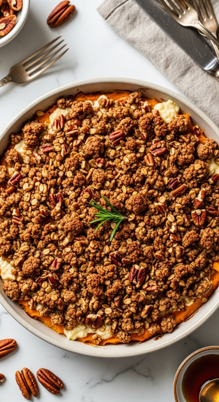 Savory Sweet Potato Casserole With A Golden Pecan And Oat Crumble Garnished With Rosemary On A Marble Countertop
