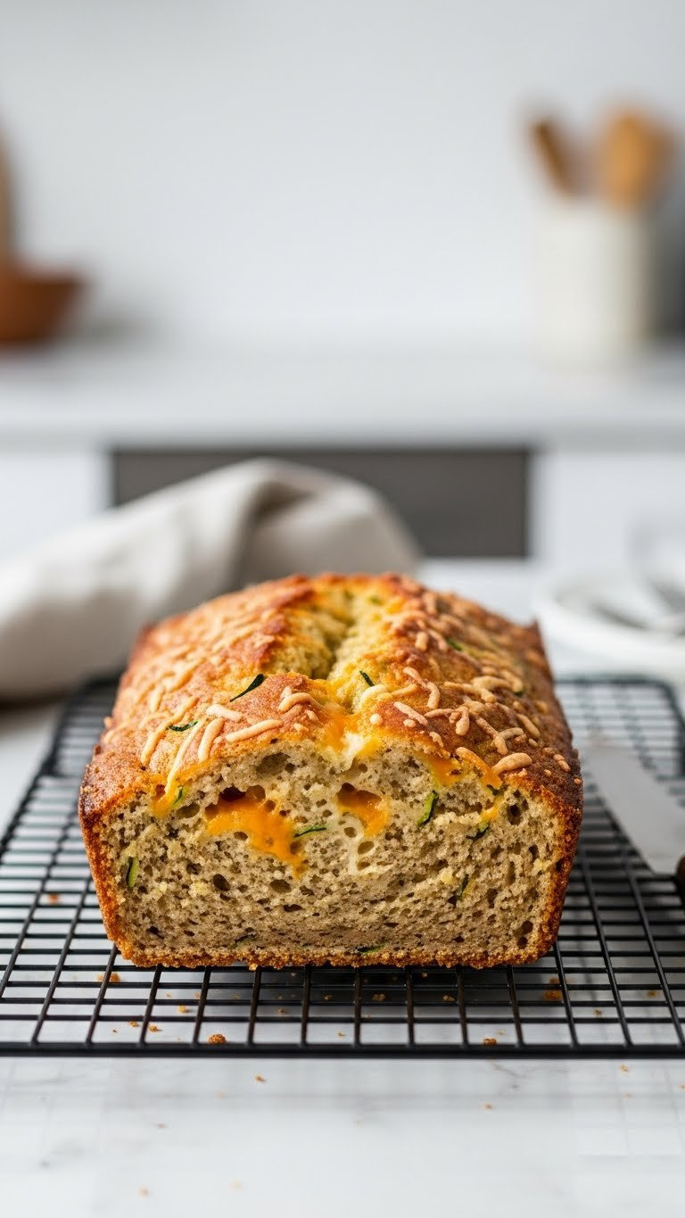 Savory Zucchini Cheddar Quick Bread Cooling On Black Wire Rack Showing Crust Texture And Melted Cheese