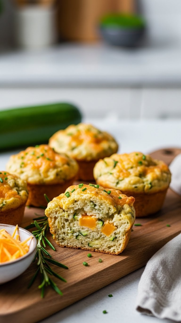 Savory Zucchini Muffin With Melted Cheddar Cheese And Herbs Visible In Tender Crumb, Resting On Rustic Wooden Board.