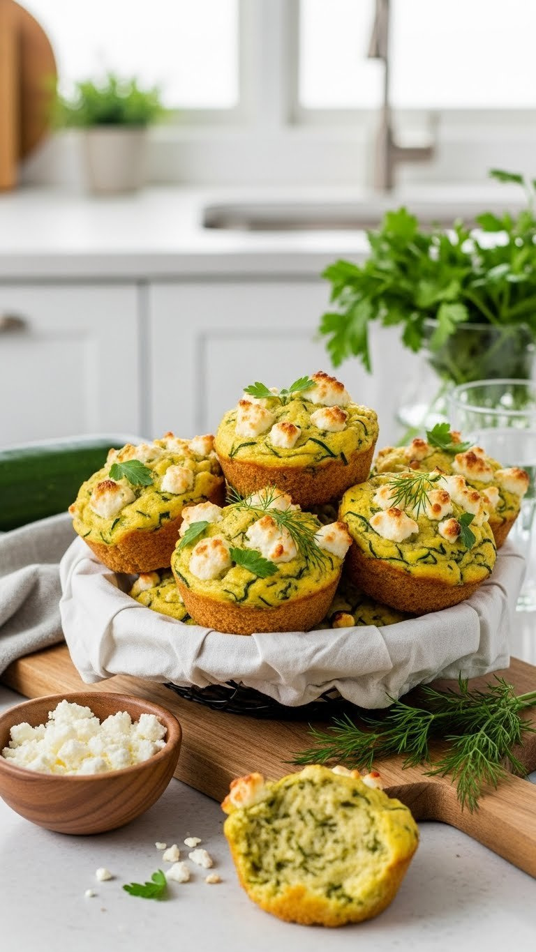 Savory Zucchini Muffins With Feta Cheese And Herbs Arranged On Wooden Cutting Board