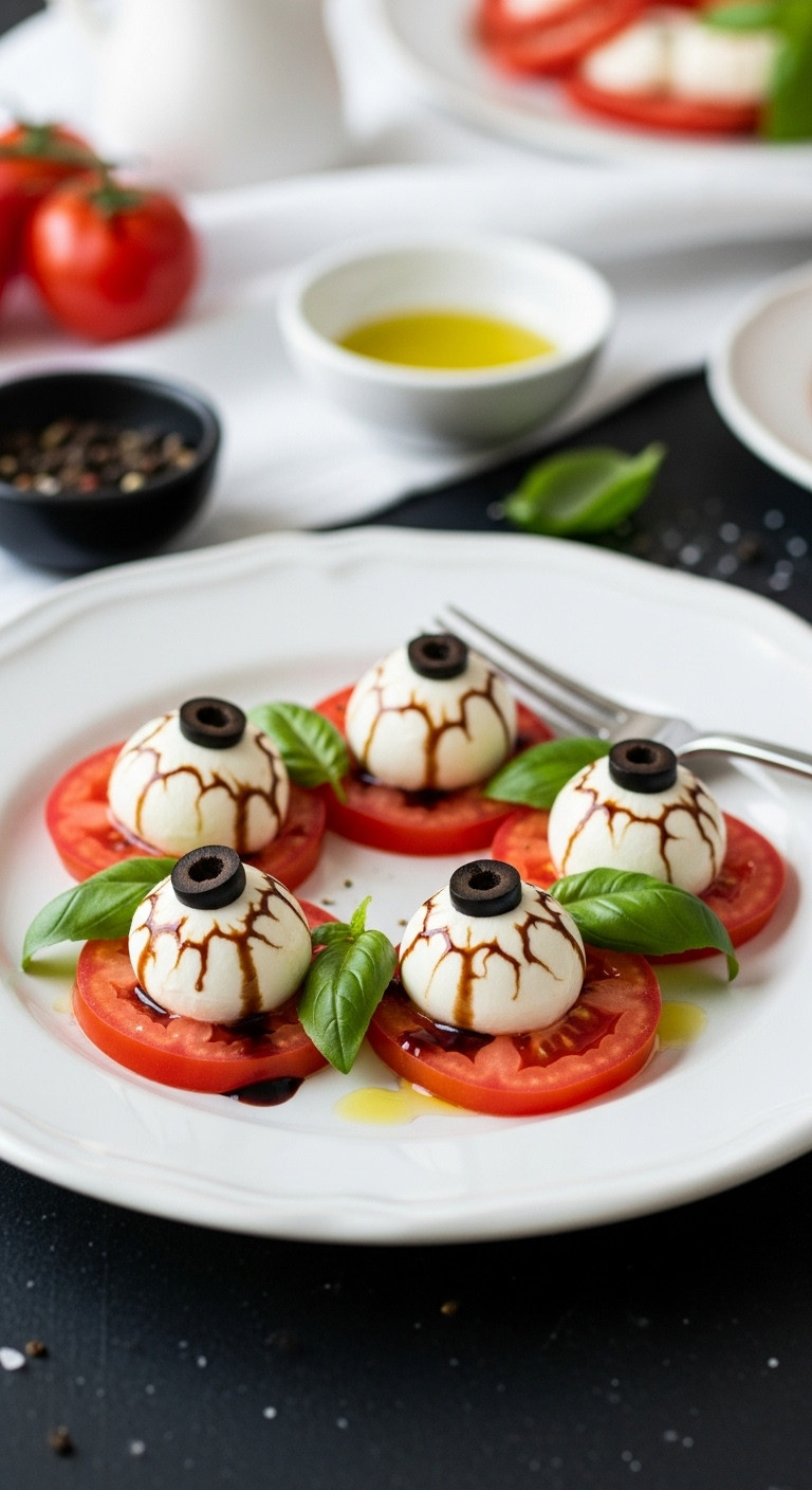 Scary Halloween Caprese Salad With Mozzarella Eyeballs Tomato Slices Balsamic Glaze And Basil On A White Plate