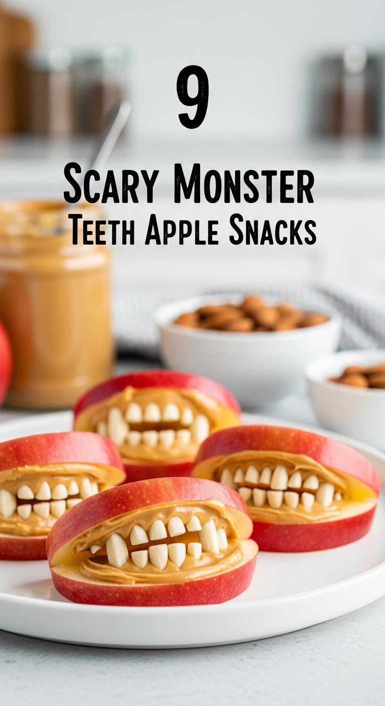 Scary Monster Teeth Apple Snacks With Peanut Butter And Slivered Almonds On A White Plate