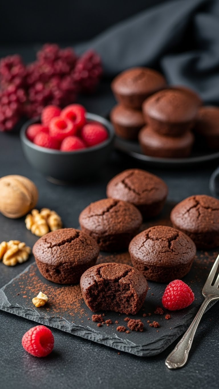Scattered Fudgy Keto Brownie Bites With Crackled Tops Dusted With Cocoa Powder Arranged On Dark Stone Slab With Raspberries.