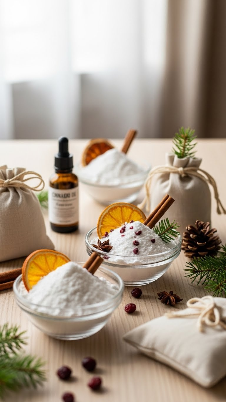 Scented Baking Soda In Decorative Bowls With Seasonal Elements Like Cinnamon Sticks And Dried Oranges