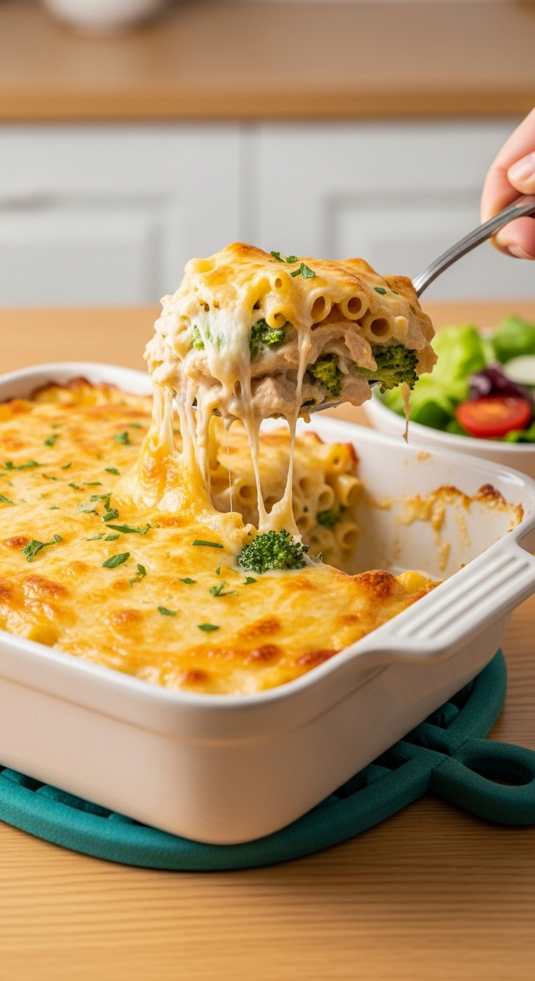 Scoop Being Taken From A Bubbly Chicken Alfredo Casserole With Creamy Sauce And Broccoli For A 15-Minute Meal Idea