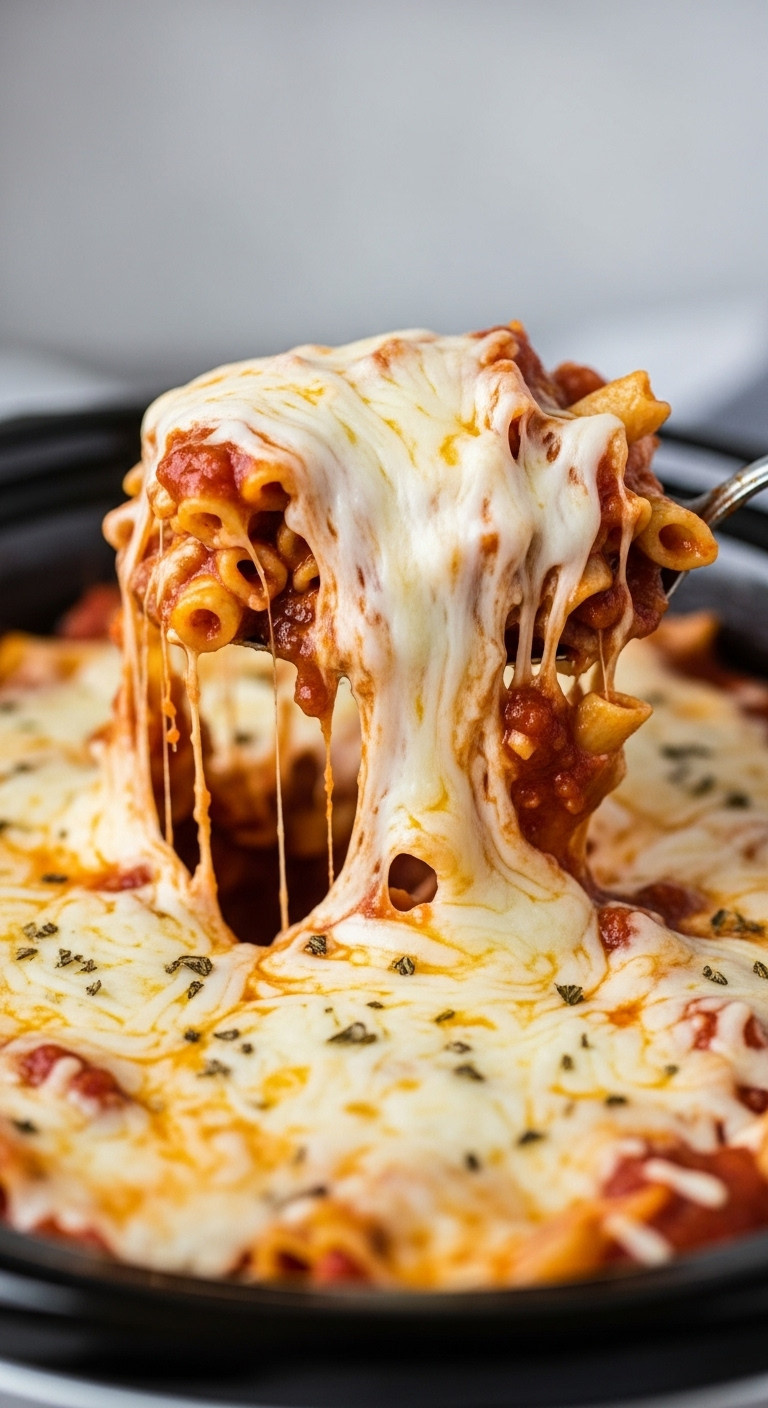 Scoop Of Crockpot Million Dollar Spaghetti With A Glorious Cheese Pull Being Lifted From A Slow Cooker