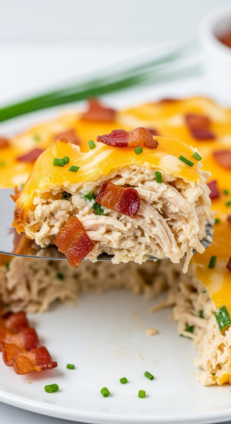 Scoop Of Keto Bacon Ranch Chicken Casserole With Crispy Bacon And Chives On A Spatula Over A White Plate.