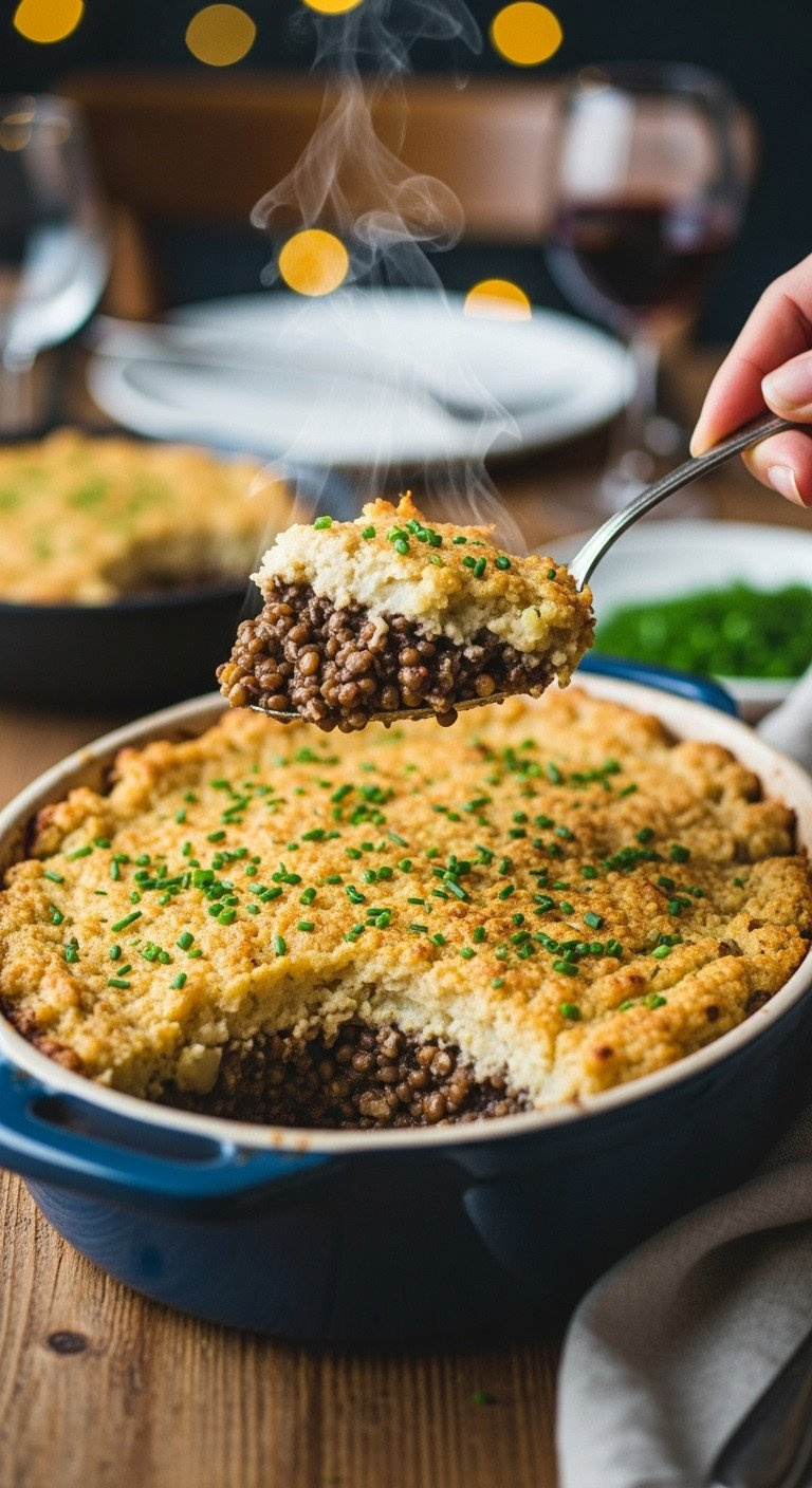 Scoop Of Lentil Shepherd's Pie, Parsnip-Potato Mash Crust, Rich Lentil-Veg Base, Steam, Chives, Festive Dinner.