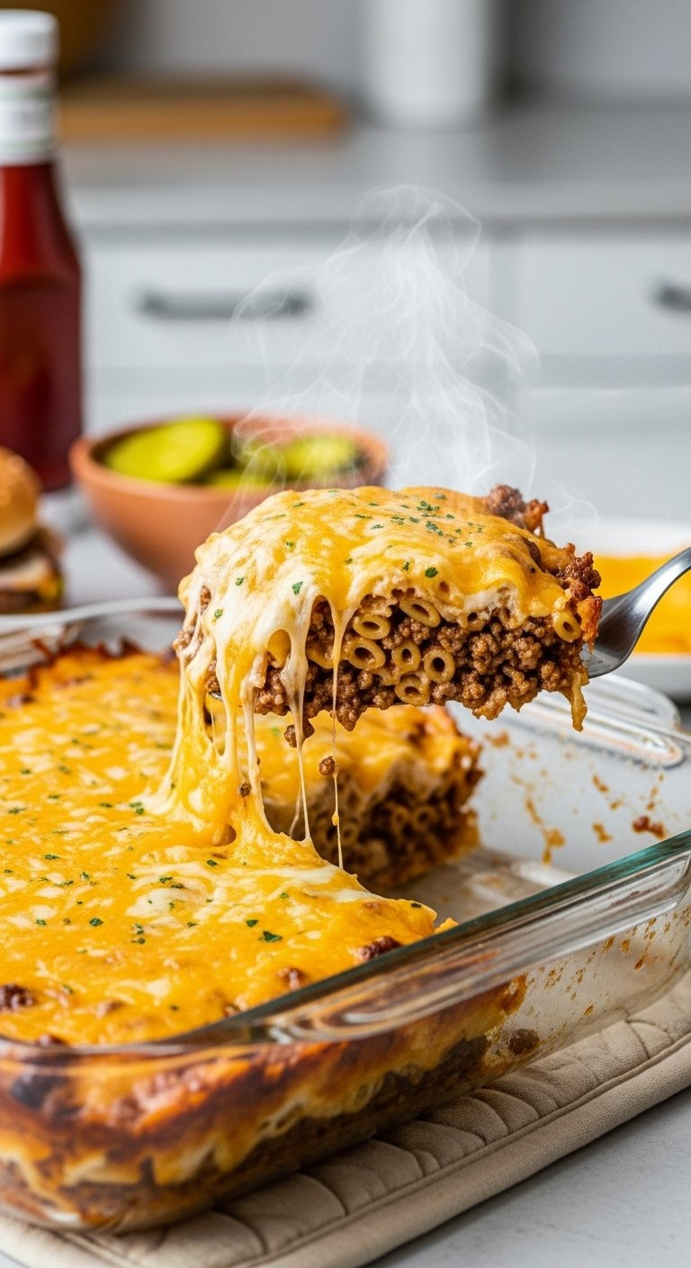 Scoop Of Cheeseburger Casserole With Pasta Ground Beef And Golden Melted Cheese Topping Lifted From Baking Dish.