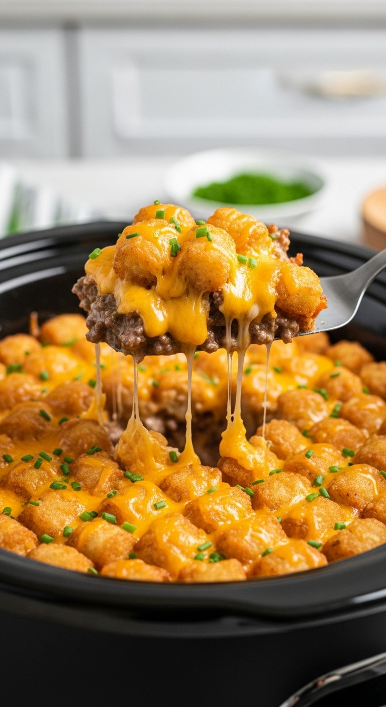 Scoop Of Cheesy Slow Cooker Tater Tot Casserole With Crispy Tater Tots Melted Cheddar And Ground Beef Lifted From A Pot
