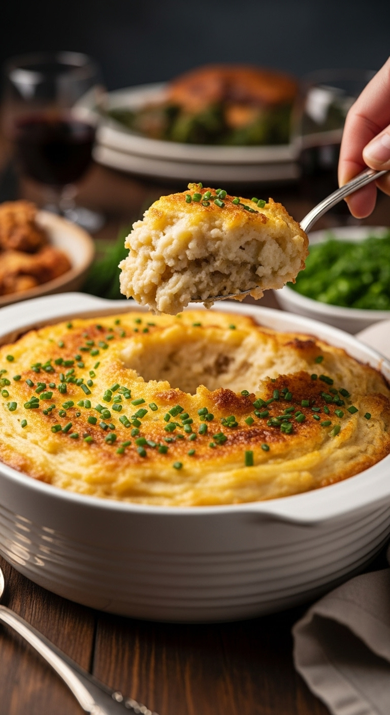 Scoop Of Creamy Brown Butter And Herb Mashed Potato Bake With Chives From A Ceramic Dish On A Rustic Wood Table In Warm Moody Light