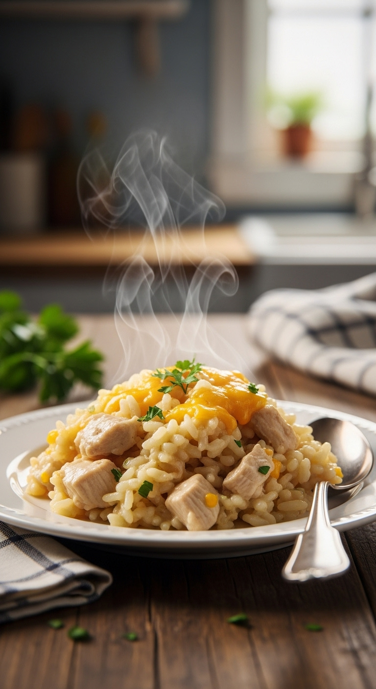 Scoop Of Creamy Golden Brown Chicken And Rice Casserole With Tender Chicken Soft Rice And Melted Cheddar Cheese On A White Plate