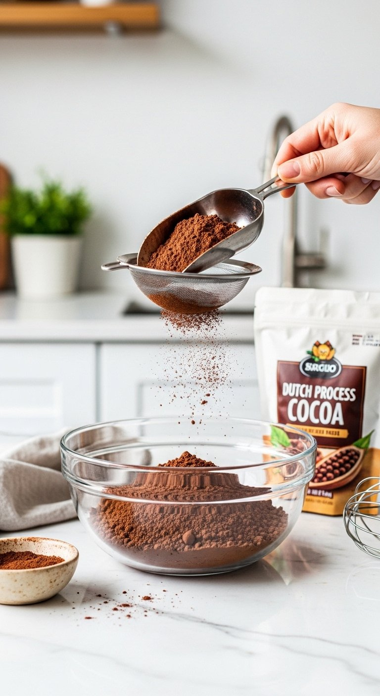 Scoop Of Fine Dark Reddish-Brown Dutch-Process Cocoa Powder Being Sifted Into A Clear Glass Bowl On Marble.