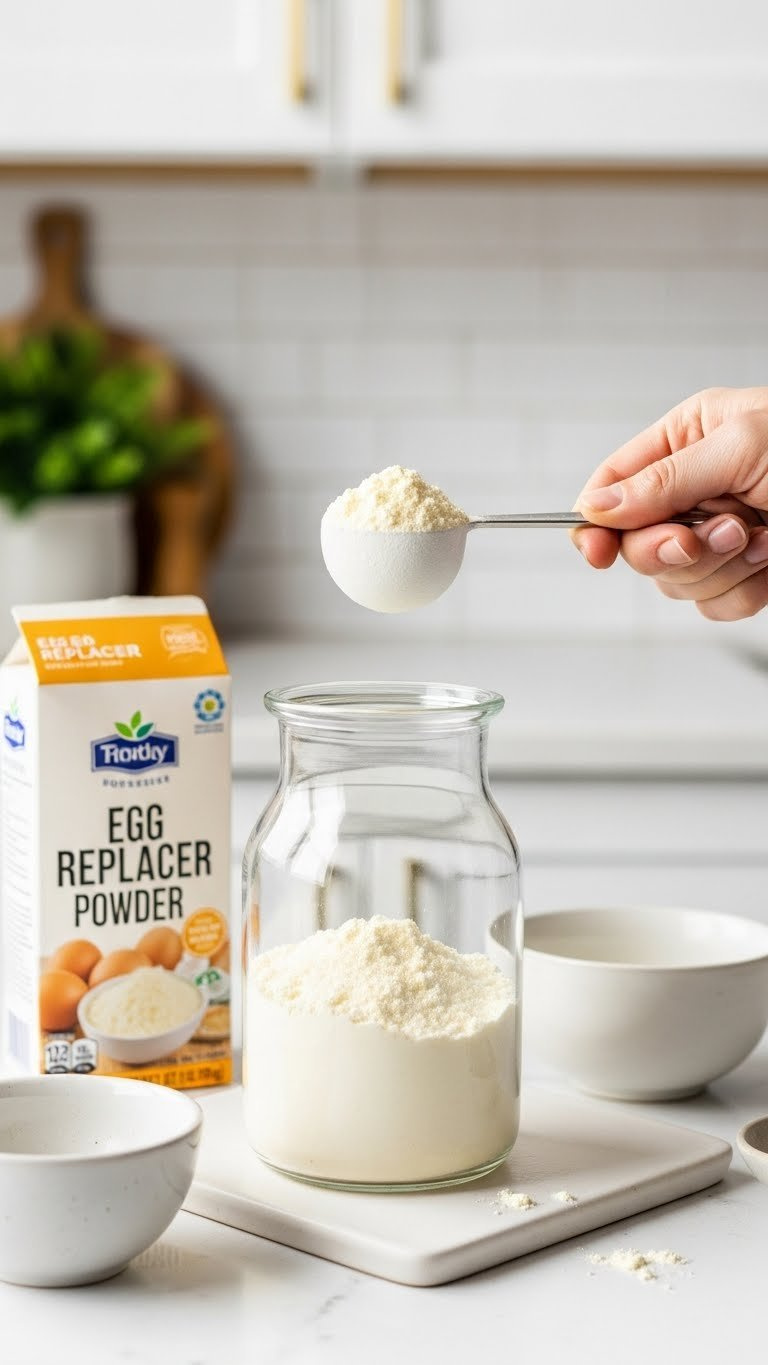 Scoop Of Pale Egg Replacer Powder Measured From A Box, Ready For Mixing As A Convenient Vegan Baking Substitute.