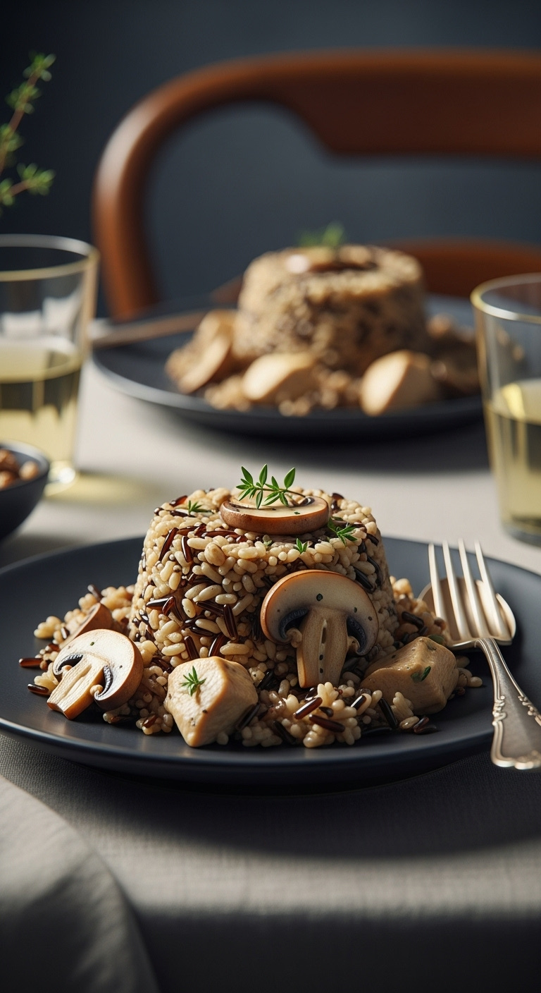 Scoop Of Rich Creamy Mushroom And Chicken Casserole On An Elegant Plate With Wild Rice Tender Chicken Savory Mushrooms And Thyme