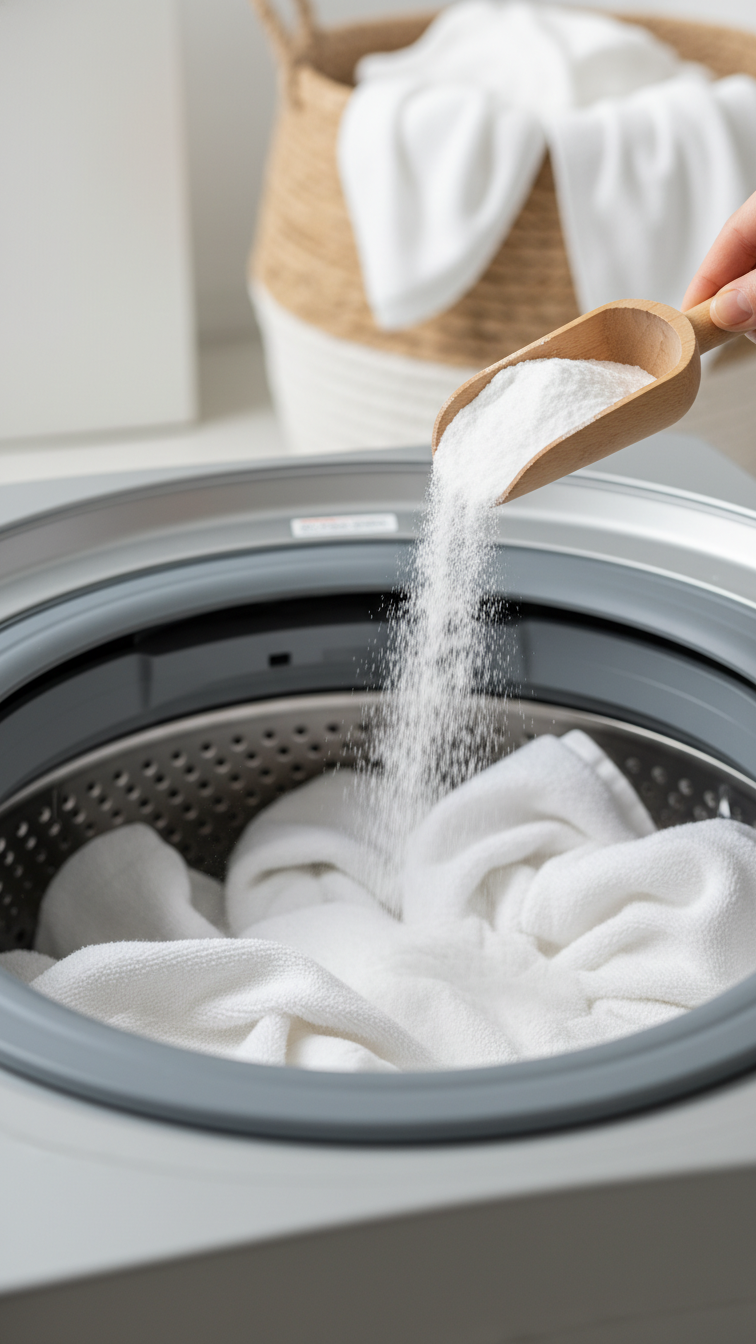 Scoop Of White Baking Soda Powder Being Poured Into Front-Loading Washing Machine Filled With Crisp White Laundry Towels.