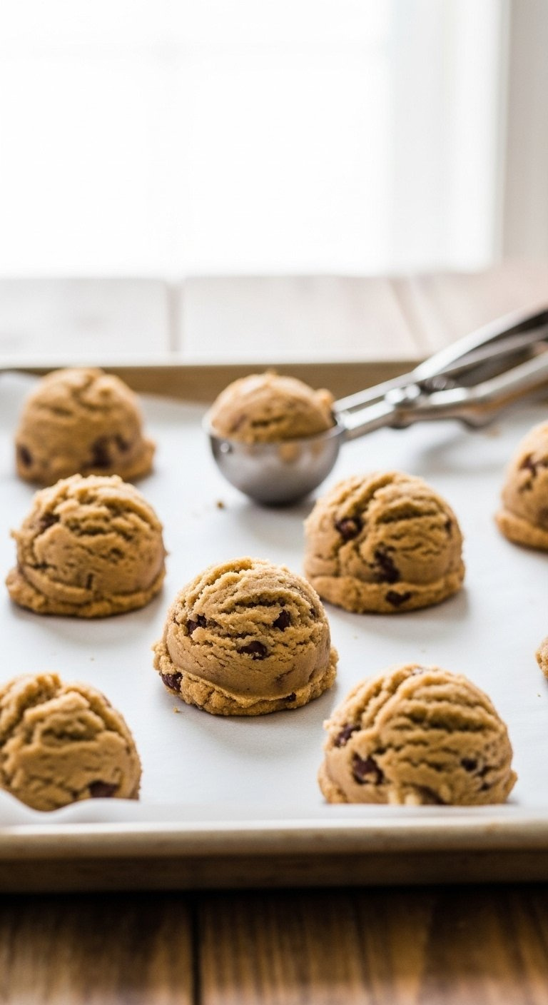 Scooped Balls Of Brown Butter Pecan Chocolate Chunk Cookie Dough On A Parchment Lined Baking Sheet.