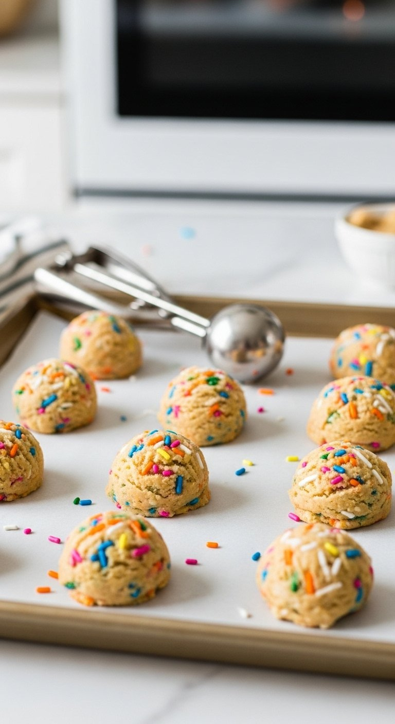Scooped Balls Of Colorful Funfetti Cookie Dough Arranged On A Parchment-Lined Baking Sheet.