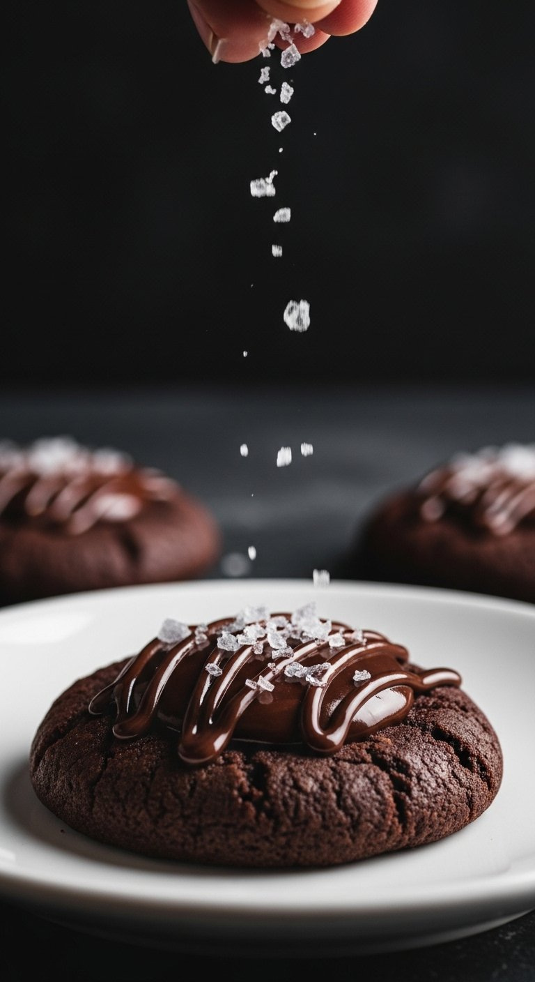 Sea Salt Flakes Being Sprinkled Onto Chocolate Ganache Drizzle On A Cherry Thumbprint Cookie.