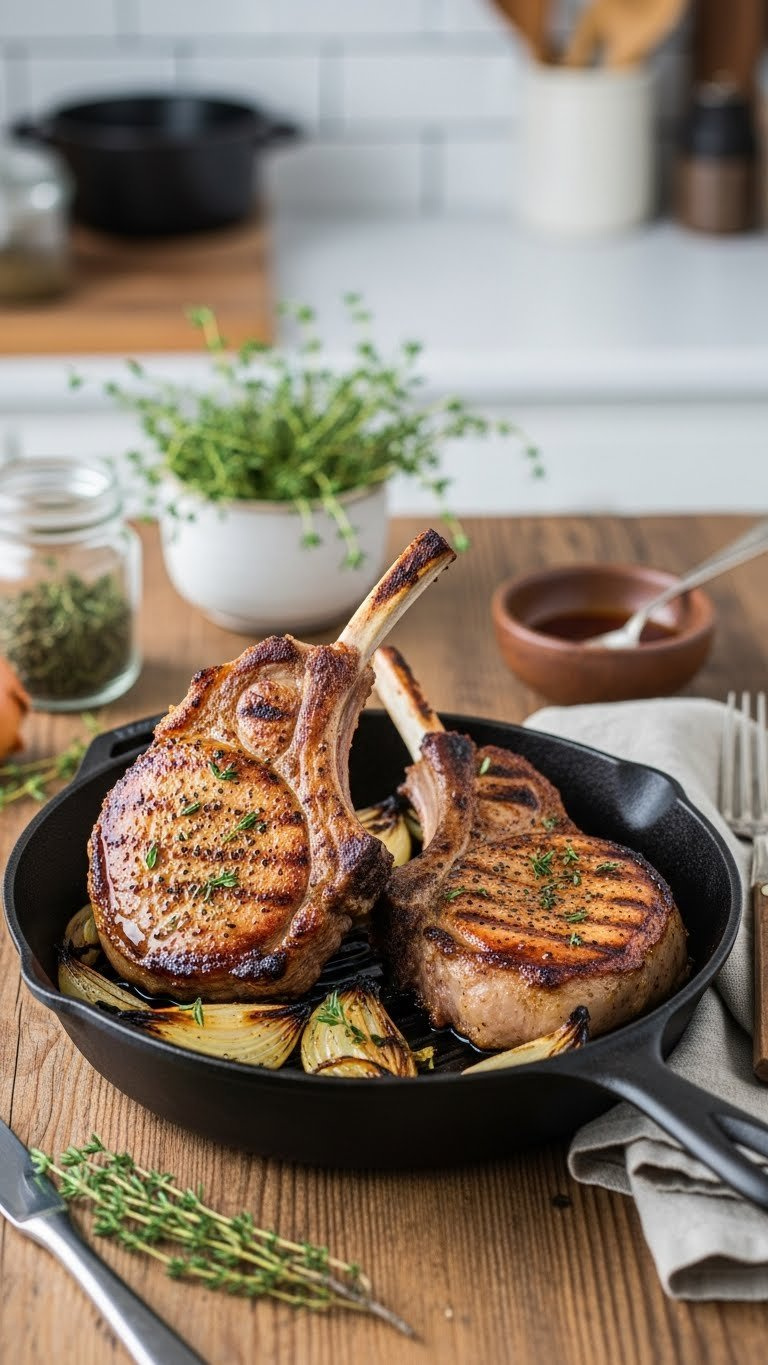 Seared Bone-In Pork Chops With Caramelized Onions In A Cast Iron Skillet