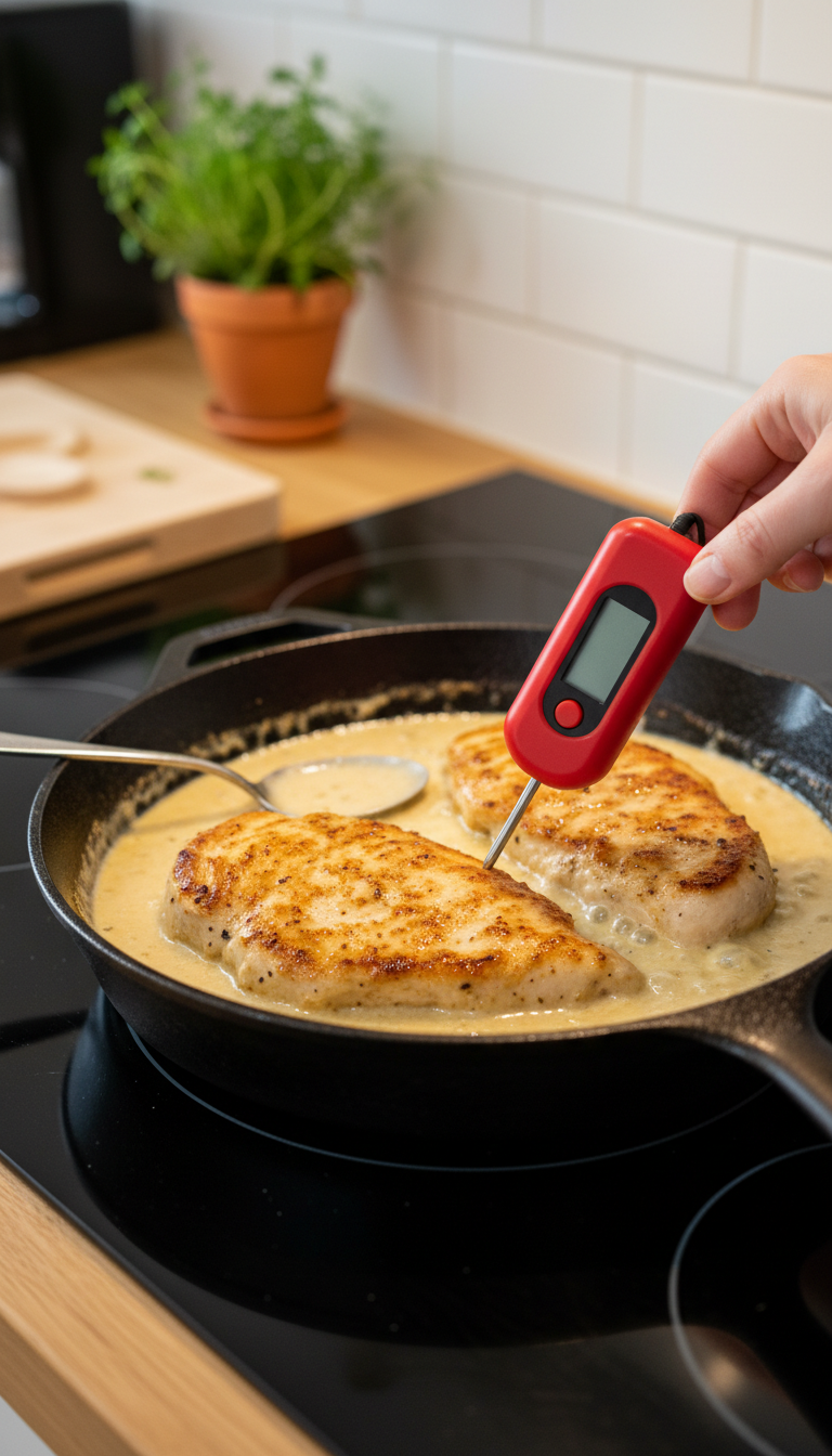 Seared Chicken Cutlets Nestled In Creamy Garlic Parmesan Sauce With An Instant-Read Thermometer Inserted.