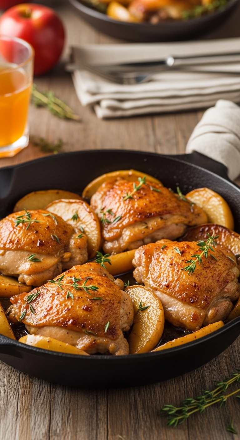 Seared Golden-Brown Chicken Thighs With Caramelized Apple Slices And Fresh Thyme In A Cast-Iron Skillet On A Rustic Wood Table In Soft Natural Light