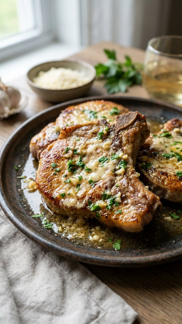Seared Golden-Brown Garlic Parmesan Instant Pot Pork Chops With Parsley And Buttery Sauce On A Dark Ceramic Plate.