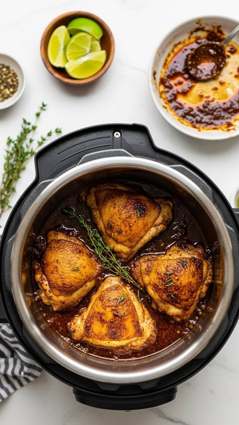 Seared Jerk Chicken In Instant Pot With Rich, Bubbling Sauce And Fresh Thyme On A Clean Kitchen Counter.