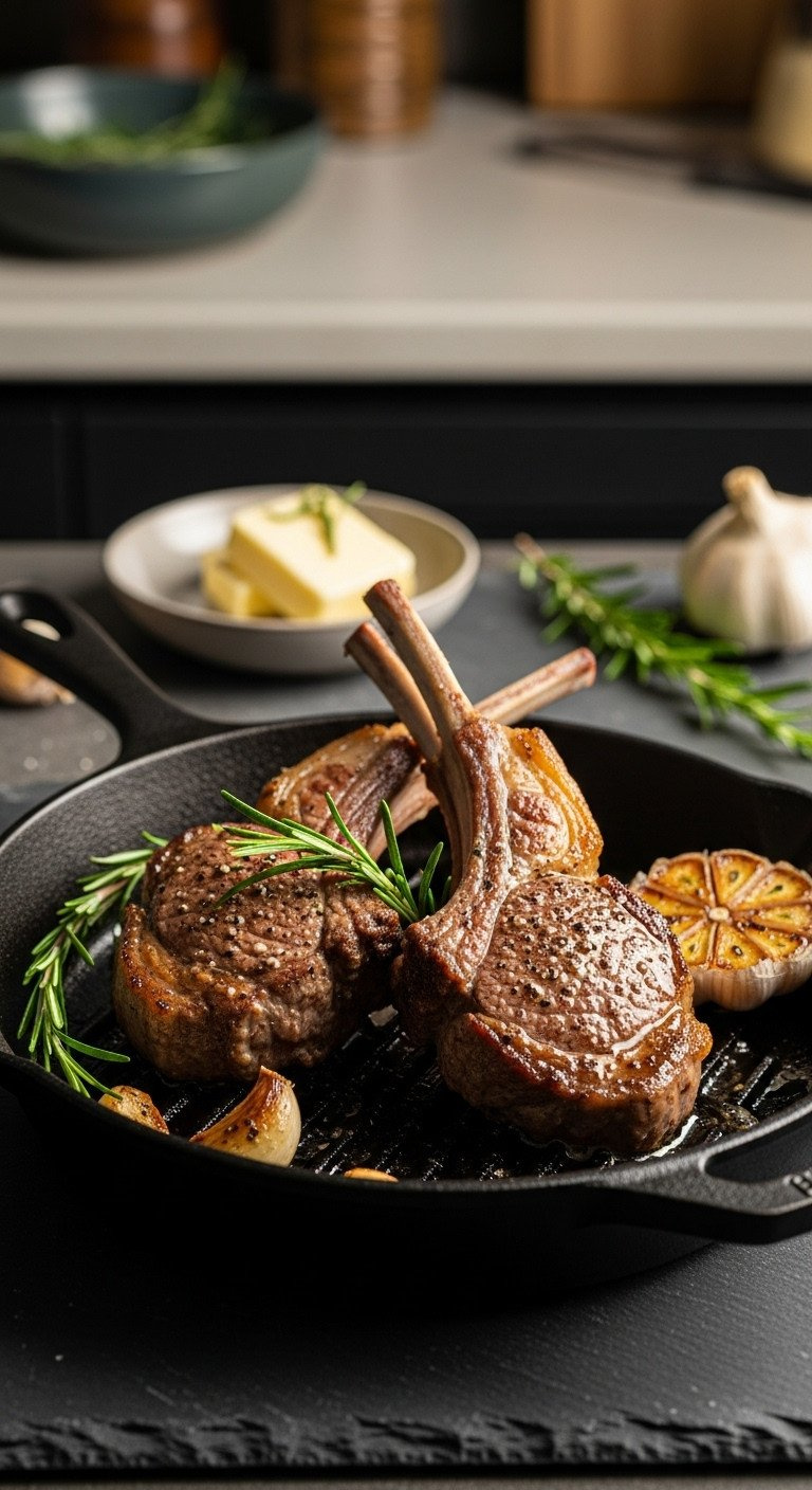 Seared Lamb Chops With Crispy Crust, Garlic, Rosemary, And Melting Butter In A Black Cast-Iron Skillet, Warm Light.
