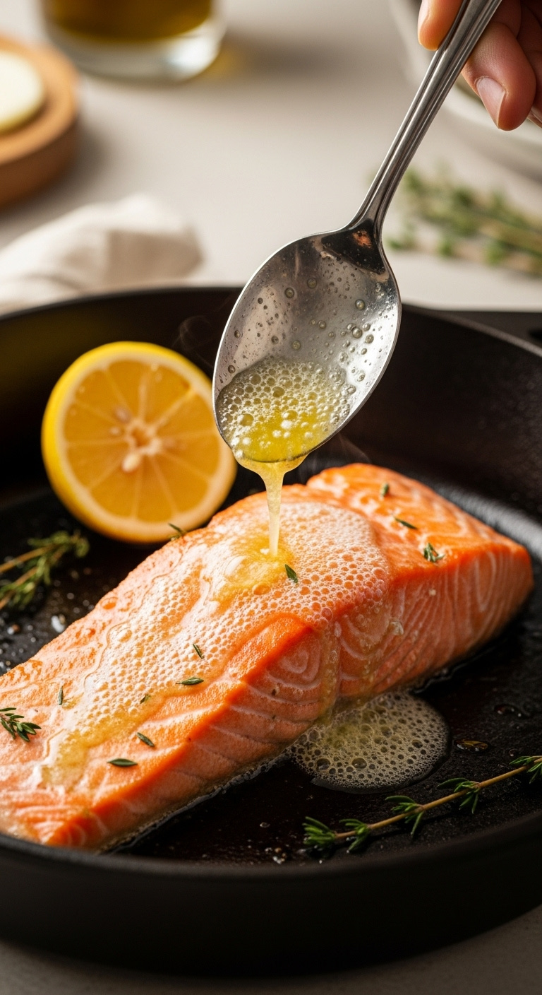 Seared Salmon Fillet Being Basted With Foaming Garlic Butter Sauce From A Spoon In A Cast-Iron Skillet