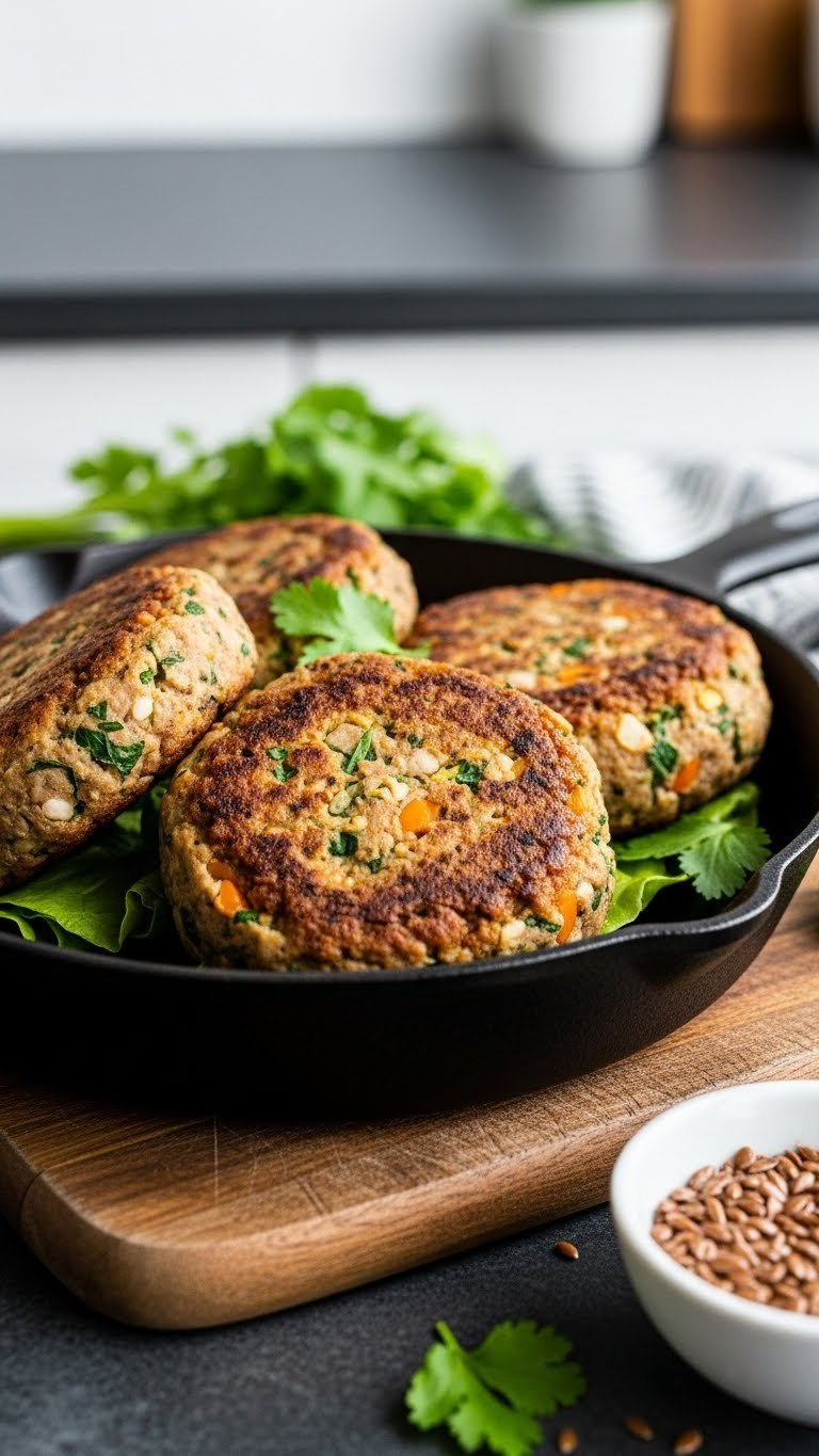 Seared Vegan Veggie Burger Patties On Dark Wooden Board With Fresh Herbs, Showcasing Firm Texture And Flax Egg Binding.