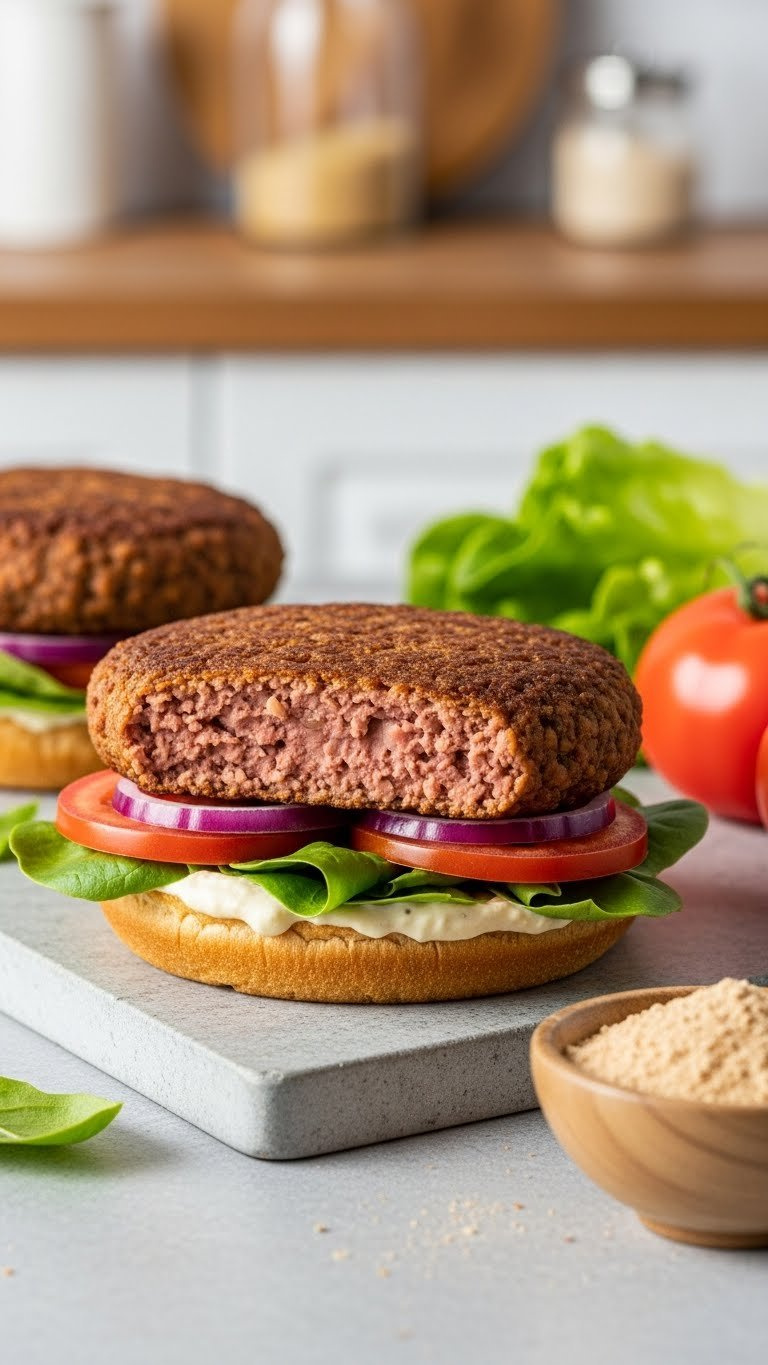 Seared Veggie Burger Patty On A Bun With Fresh Toppings, Showcasing Firm, Non-Crumbling Texture Achieved With Arrowroot Powder.