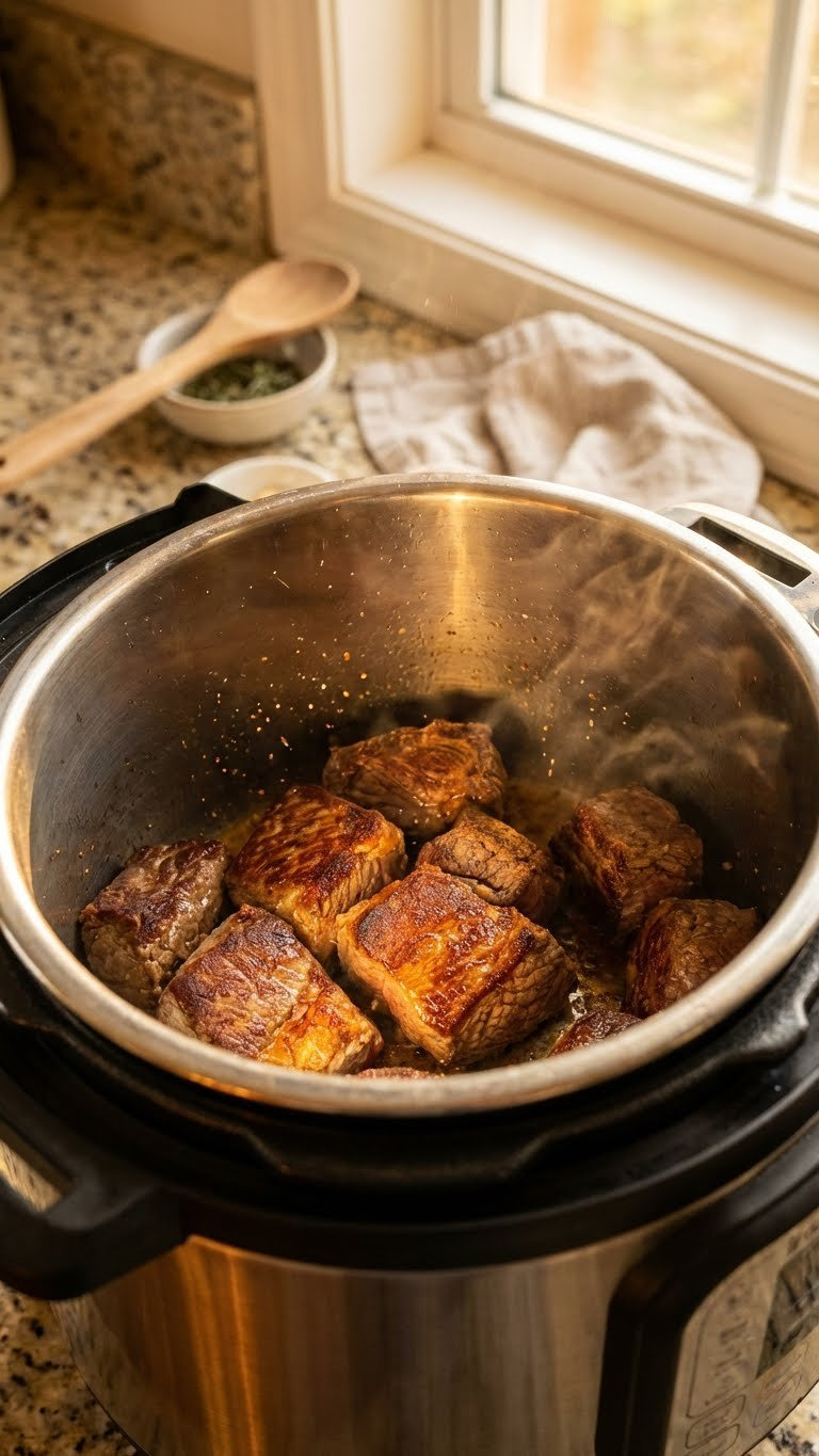 Searing Beef Chuck Roast To A Deep Golden-Brown Crust With Steam And Sizzling Oil In An Instant Pot, Emphasizing Rich, Caramelized Texture.