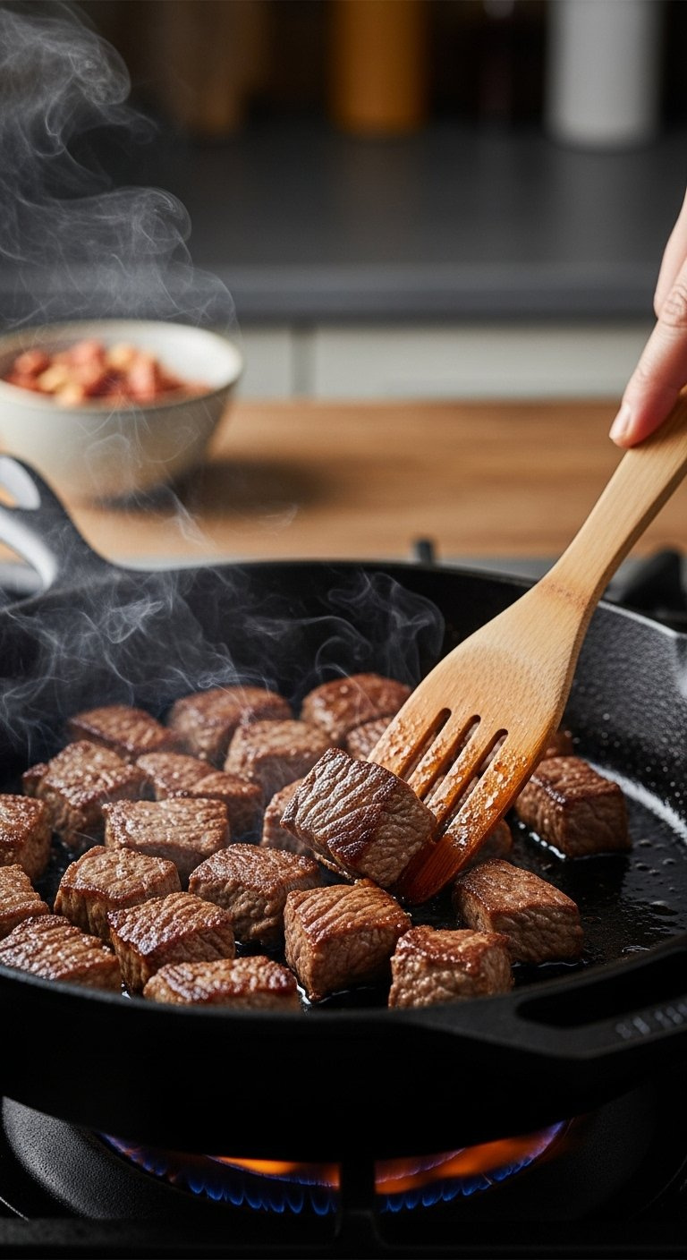 Searing Beef Cubes In A Hot Cast Iron Skillet With Steam Rising And A Wooden Spatula Turning Meat.