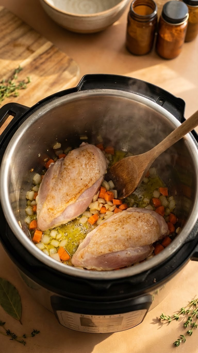 Searing Chicken Breasts, Onions, And Carrots In An Instant Pot With Sizzling Olive Oil, Stirred By A Wooden Spoon, Preparing Pot Pie.