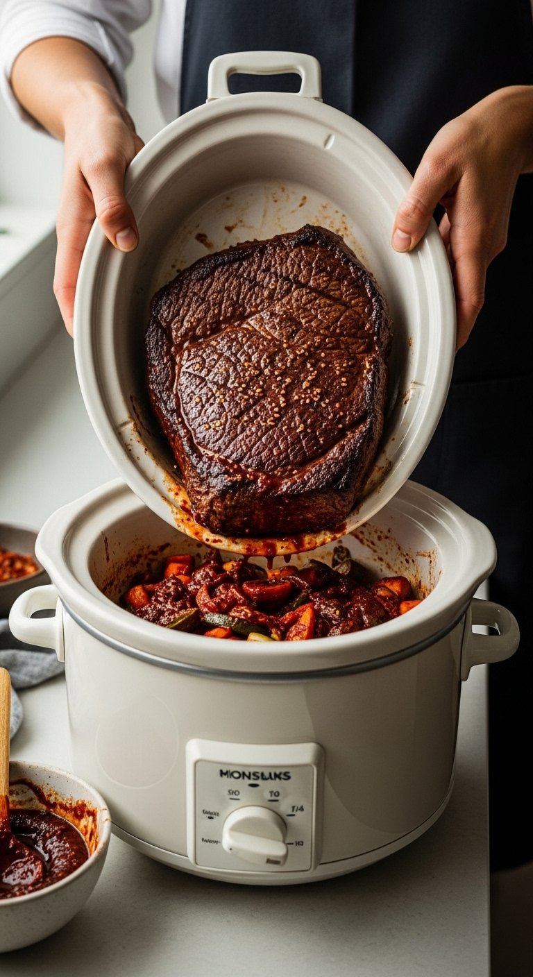 Searred Chuck Roast Placed Into A Slow Cooker Insert With Vegetables And Red Korean Marinade.
