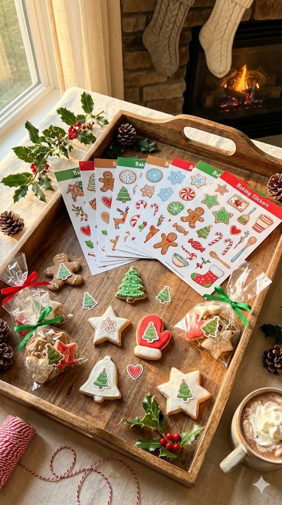 Seasonal Baking Sticker Sheets With Holiday Cookies On Festive Tray Surrounded By Holly And Pinecones.