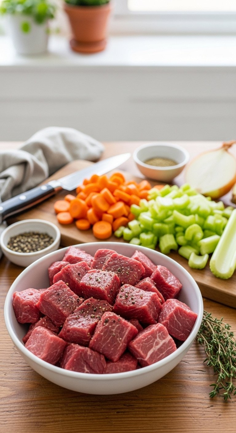 Seasoned Beef Chuck Stew Meat In A White Bowl Beside Chopped Mirepoix On A Rustic Wooden Cutting Board.
