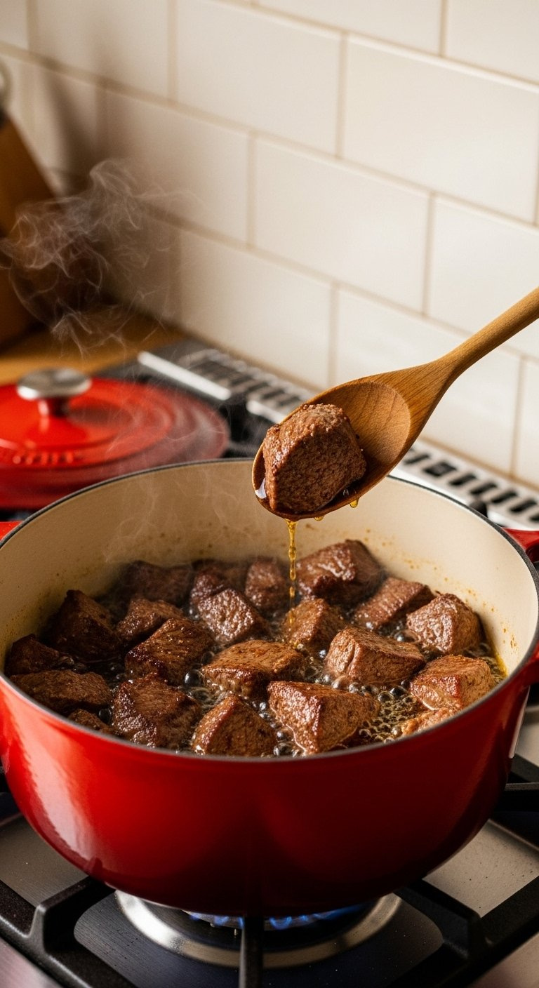 Seasoned Beef Cubes Sizzling In Hot Oil Inside A Vibrant Red Enamel Dutch Oven.