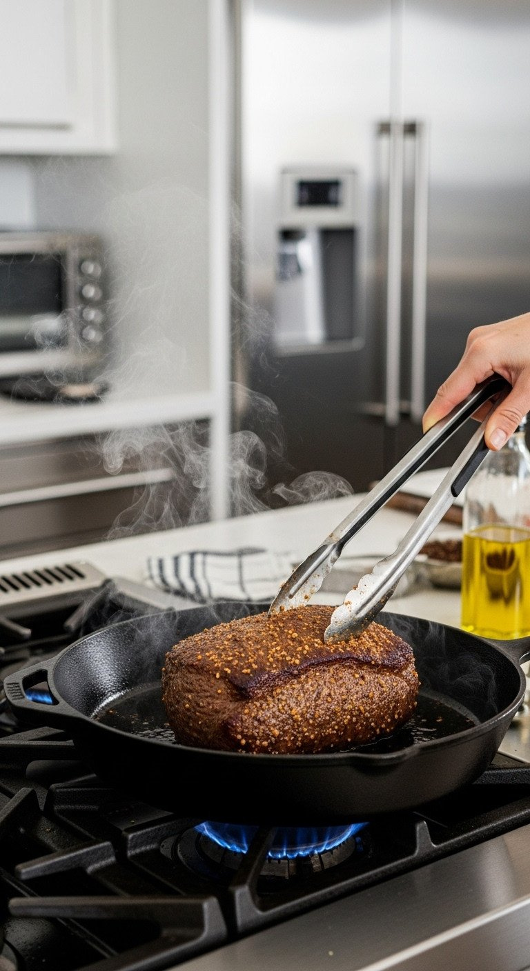 Seasoned Beef Roast Searing In A Hot Cast-Iron Pan, Developing A Rich Maillard Crust For A Delicious Recipe.