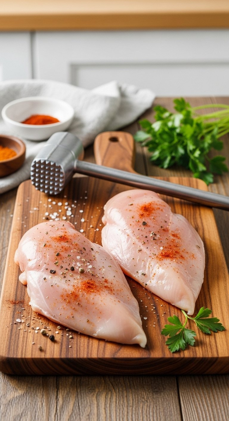 Seasoned Boneless Chicken Breasts Rest On A Dark Acacia Wood Cutting Board With A Metal Mallet And Fresh Parsley.