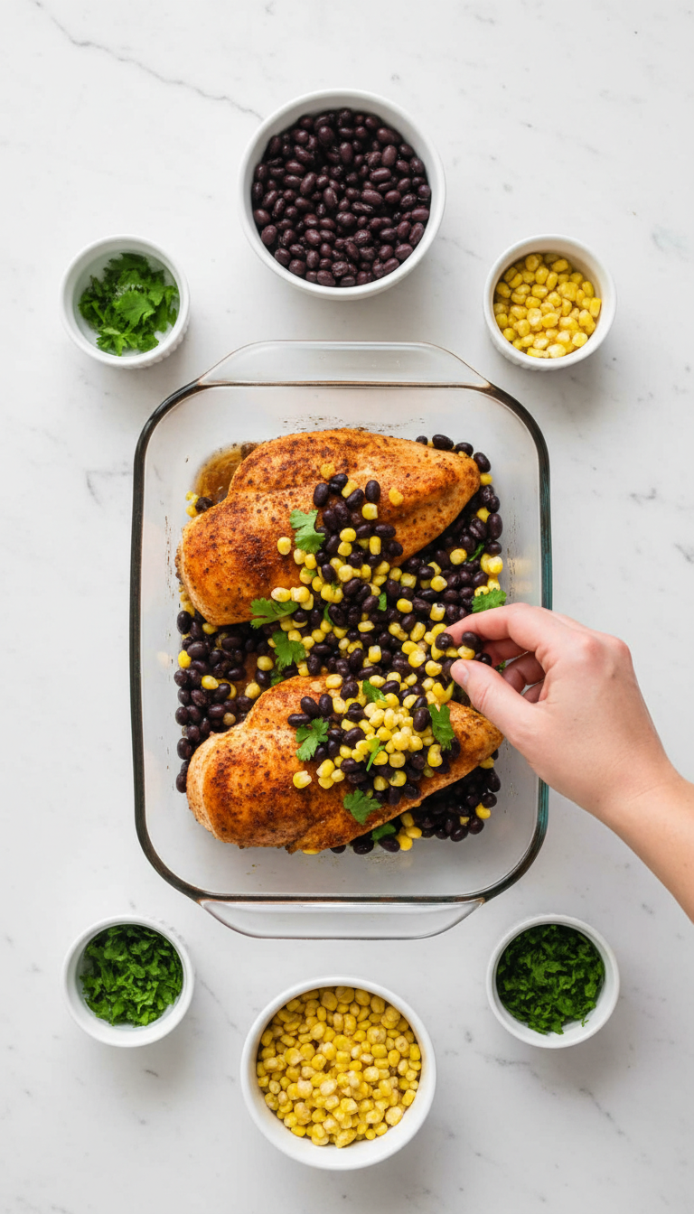 Seasoned Chicken Breasts In A Glass Baking Dish Topped With Black Beans And Corn.