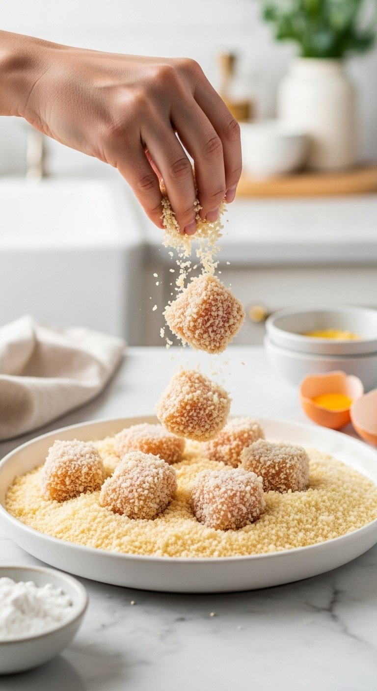 Seasoned Chicken Cubes Being Dredged In Golden Panko Breadcrumbs Inside A White Ceramic Dish.