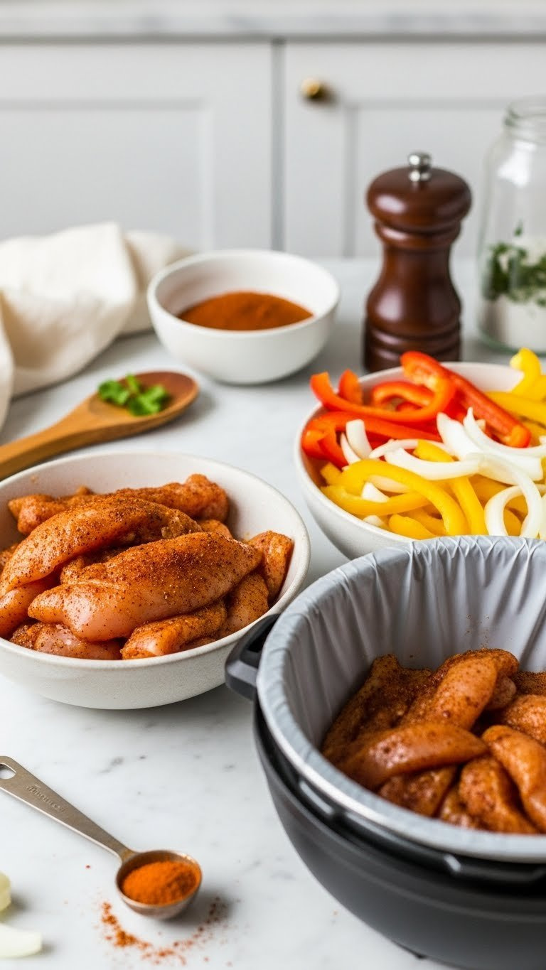 Seasoned Chicken Fajita Strips In A Bowl Next To Sliced Bell Peppers And Onions, Ready For Instant Pot, On A Marble Counter.